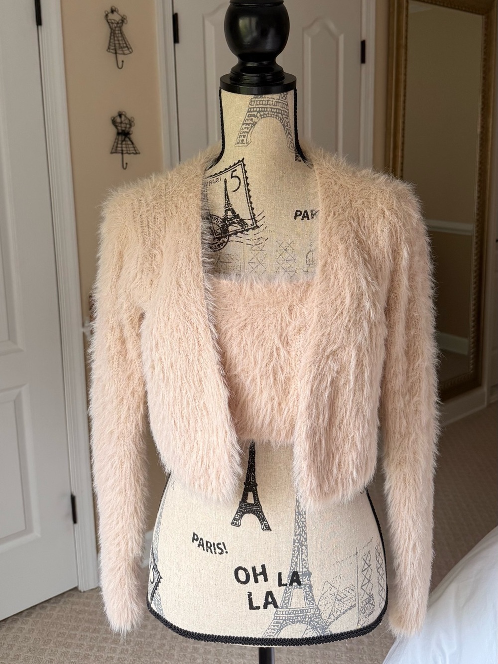 Zara Pink Fuzzy Knit Two Piece Set Cropped Cardigan and Cami Top